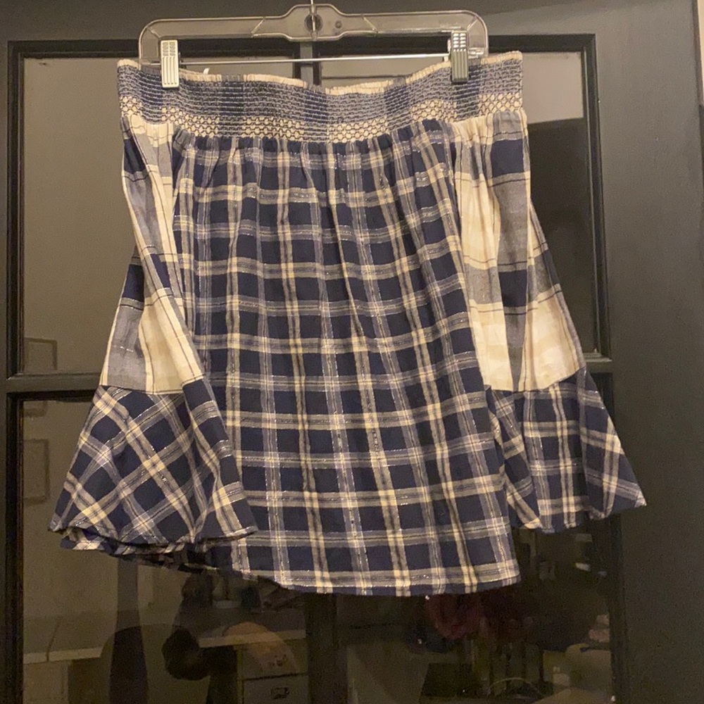 Plaid off the shoulder blouse.